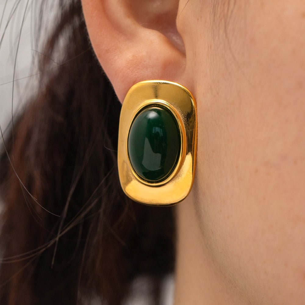 Cabochon d’Émeraude Earrings - 18k Gold Plated Jewelry Switzerland
